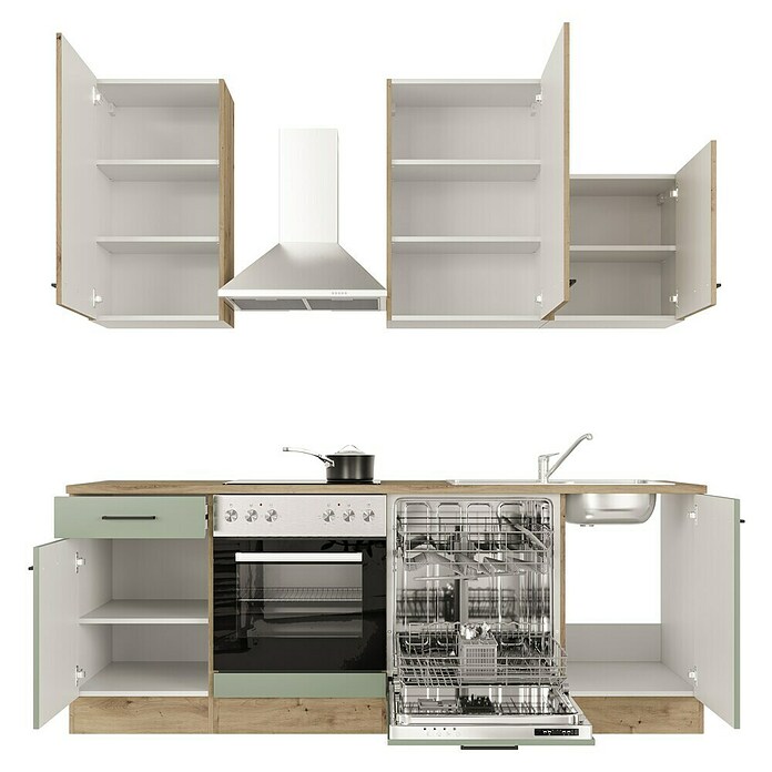 Flex-Well Cara Küchenzeile Typ 1 (Breite: 220 cm, Höhe: 234 cm, Grün/Eiche, Mit Elektrogeräten) | BAUHAUS