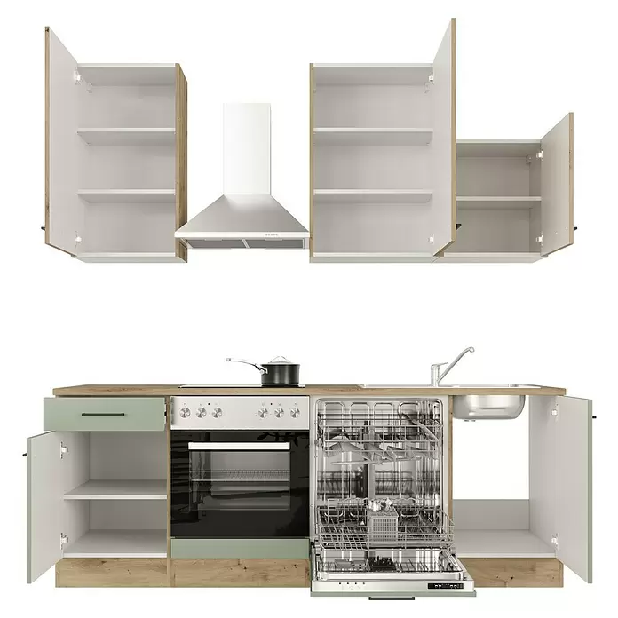 Flex-Well Cara Küchenzeile - Breite: 220 cm, Höhe: 234 cm, Schilfgrün Antifingerprint / Artisan Eiche, Mit Elektrogeräten - Moderne Küchenzeile mit weißen und hellen Holzschränken, integriertem Backofen, Kochfeld, Spüle und geöffnetem Geschirrspüler. Akzente in Hellgrün.