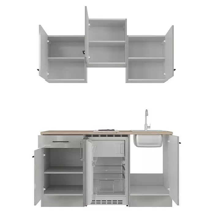 Flex-Well Lund Singleküche Typ 1 - Breite: 150 cm, Lichtgrau, Mit Elektrogeräten - Eine weiße Kompakt-Miniküche mit offenen Ober- und Unterschränken, offenem Kühlschrank, Kochfeld, Spüle und heller Holzplatte.