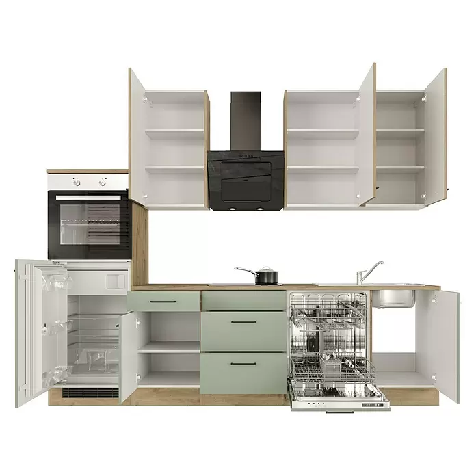 Flex-Well Cara Küchenzeile - Breite: 280 cm, Höhe: 234 cm, Schilfgrün Antifingerprint / Artisan Eiche, Mit Elektrogeräten, Edelstahlspüle - Modularküche mit heller Holzplatte, hellgrünen und weißen Schränken, integriertem Backofen, Kühlschrank, Geschirrspüler, Spüle und schwarzer Dunstabzugshaube.