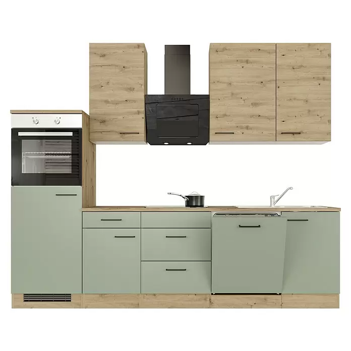 Flex-Well Cara Küchenzeile - Breite: 280 cm, Höhe: 234 cm, Schilfgrün Antifingerprint / Artisan Eiche, Mit Elektrogeräten, Edelstahlspüle - Moderne Küchenzeile mit hellen Holz-Oberschränken, hellgrünen Unterschränken, schwarzem Backofen, Dunstabzugshaube, Spüle und Geschirrspüler. Ein Topf steht auf dem Kochfeld.