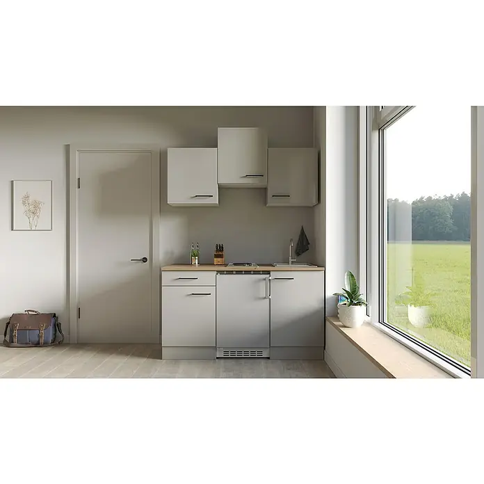 Flex-Well Lund Singleküche Typ 1 - Breite: 150 cm, Lichtgrau, Mit Elektrogeräten - Kompakte Küchenzeile mit weißen Schränken, hellem Holzarbeitsplatte und integrierten Geräten, ideal für kleine Räume.
