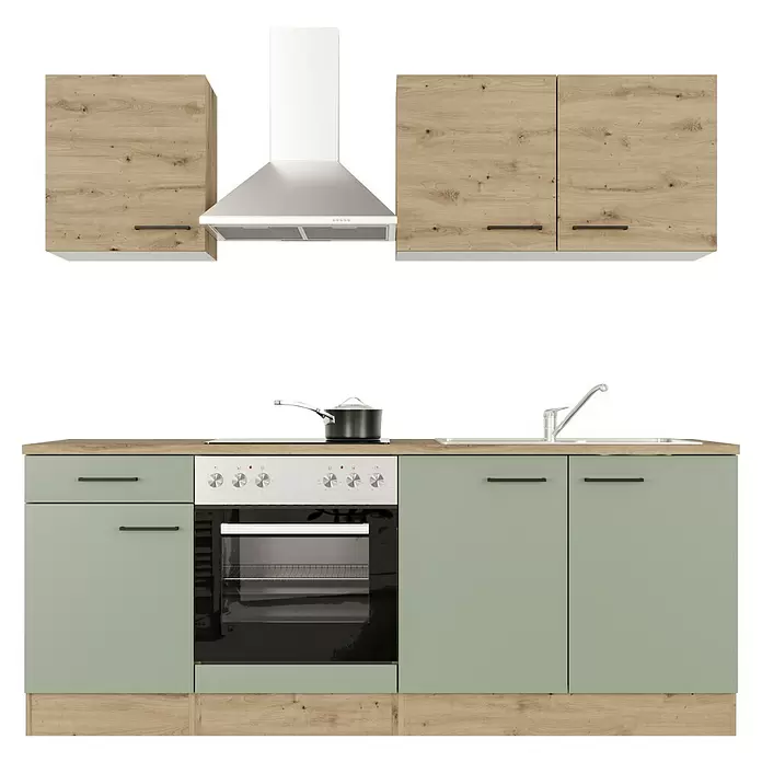 Flex-Well Cara Singleküche - Breite: 210 cm, Schilfgrün Antifingerprint / Artisan Eiche, Anti-Finger-Print Oberfläche - Moderne Einbauküche mit hellen Holz- und salbeigrünen Schränken, integriertem Backofen, Kochfeld mit Topf, Spüle und Dunstabzugshaube aus Edelstahl.
