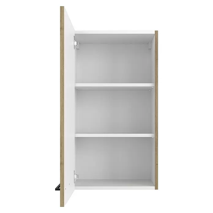 Flex-Well Cara Küchen-Hängeschrank - B x T x H: 50 x 32 x 89 cm, Eiche - Offener Schrank mit drei weißen Einlegeböden und hellem Holzrahmen.