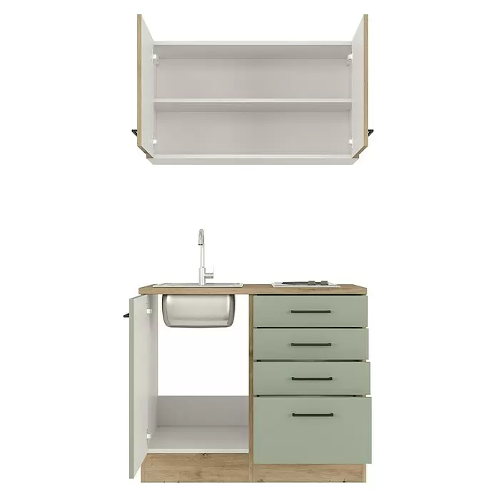 Flex-Well Cara Miniküche - Breite: 100 cm, Grün/Eiche, Anti-Finger-Print Oberfläche - Moderne Küchenschrankkombination mit heller Holz- und mintgrüner Unterschrankzeile mit Spüle und weißem Oberschrank, beide offen.