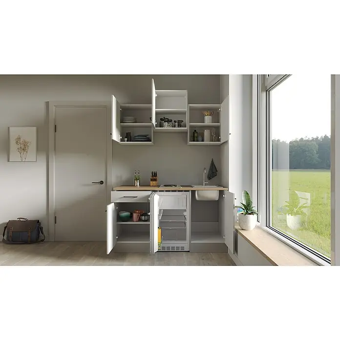 Flex-Well Lund Singleküche Typ 1 - Breite: 150 cm, Lichtgrau, Mit Elektrogeräten - Eine kompakte Küchenzeile mit weißen Schränken und einer integrierten Spüle, ideal für kleine Räume.