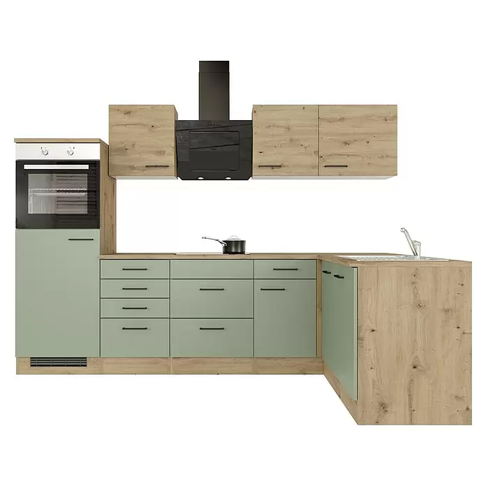 Flex-Well Cara Winkelküche - L x B: 170 x 280 cm, Schilfgrün Antifingerprint / Artisan Eiche, Mit Elektrogeräten, Edelstahlspüle - Eckküche mit heller Holzoptik und hellgrünen Fronten, inklusive Backofen, Kochfeld, Dunstabzugshaube und Spüle.