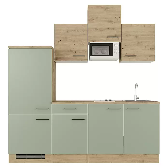 Flex-Well Cara Singleküche mit Mikrowelle - Breite: 210 cm, Grün/Eiche, Anti-Finger-Print Oberfläche - Kompakte Küche in Hellgrün und Holz mit Mikrowelle, Spüle und Kochfeld.