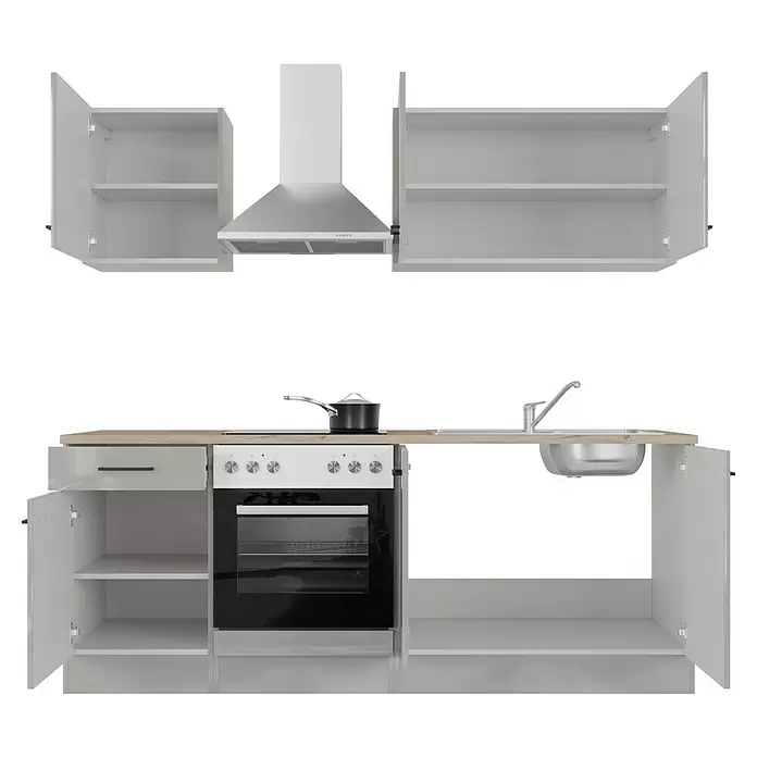 Flex-Well Lund Singleküche Typ 2 - Breite: 210 cm, Lichtgrau, Mit Elektrogeräten - Moderne weiße Küchenzeile mit offenen Schränken, heller Holz-Arbeitsplatte, Edelstahl-Backofen, Kochfeld, Dunstabzugshaube und Spüle.