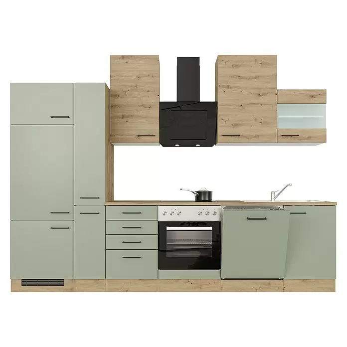Flex-Well Cara Küchenzeile - Breite: 310 cm, Höhe: 234 cm, Schilfgrün Antifingerprint / Artisan Eiche, Mit Elektrogeräten, Edelstahlspüle - Moderne Küchenzeile mit hellgrünen und holzfarbenen Schränken, Backofen, Kochfeld, Spüle und Geschirrspüler, mit schwarzen Griffen und Dunstabzugshaube.