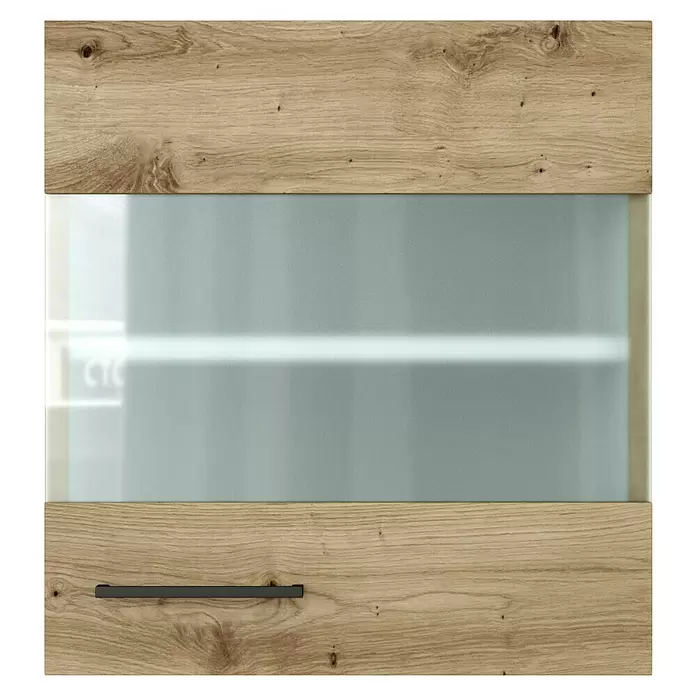 Flex-Well Cara Glas-Hängeschrank - B x T x H: 50 x 32 x 54,8 cm, Eiche - Schranktür aus hellem Holz mit Milchglasplatte und dunklem Griff.