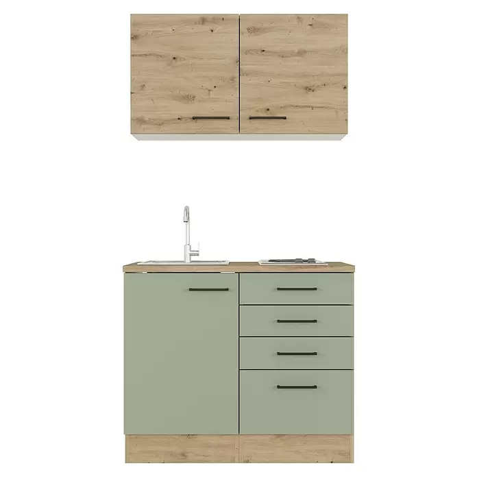 Flex-Well Cara Miniküche - Breite: 100 cm, Grün/Eiche, Anti-Finger-Print Oberfläche - Kompakte Küchenzeile mit hellen Oberschränken in Holzoptik, mintgrünem Unterschrank mit Schubladen und Arbeitsplatte mit Spüle und Kochfeld.