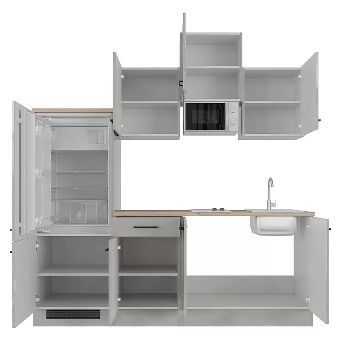 Flex-Well Lund Singleküche mit Mikrowelle - Breite: 210 cm, Lichtgrau, Mit Elektrogeräten - Weiße Modulküche mit heller Holztheke, offenem Kühlschrank, Spüle, Kochfeld, Mikrowelle und offenen Schränken.