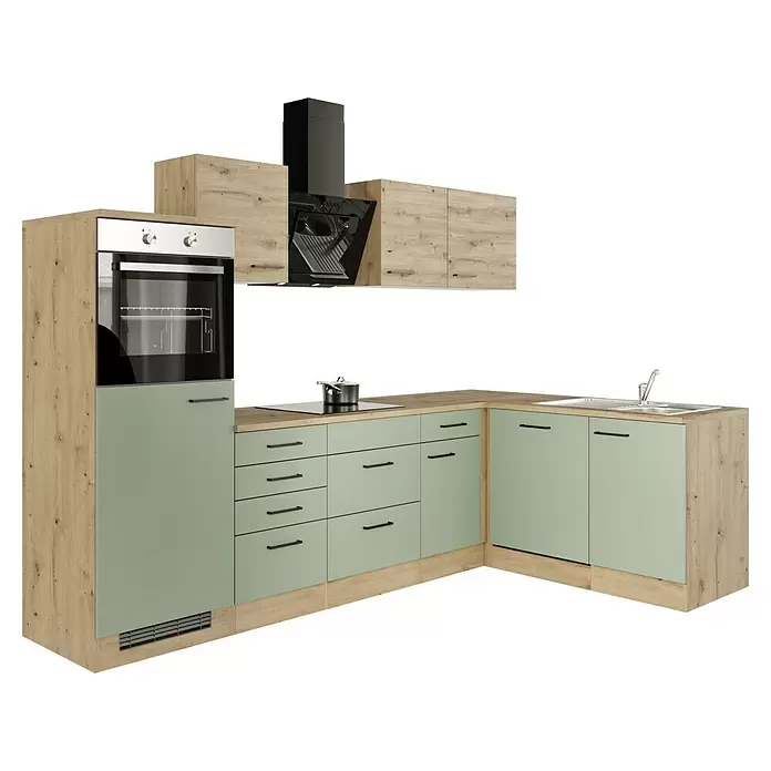 Flex-Well Cara Winkelküche - L x B: 170 x 280 cm, Schilfgrün Antifingerprint / Artisan Eiche, Mit Elektrogeräten, Edelstahlspüle - Eckküche mit hellen Holzschränken und salbeigrünen Fronten, integriertem Backofen, Kochfeld, Dunstabzugshaube und Spüle.