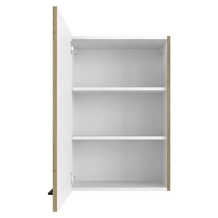Flex-Well Cara Küchen-Hängeschrank - B x T x H: 60 x 32 x 89 cm, Eiche - Offener weißer Wandschrank mit zwei Regalböden und heller Holzoptik-Umrandung.