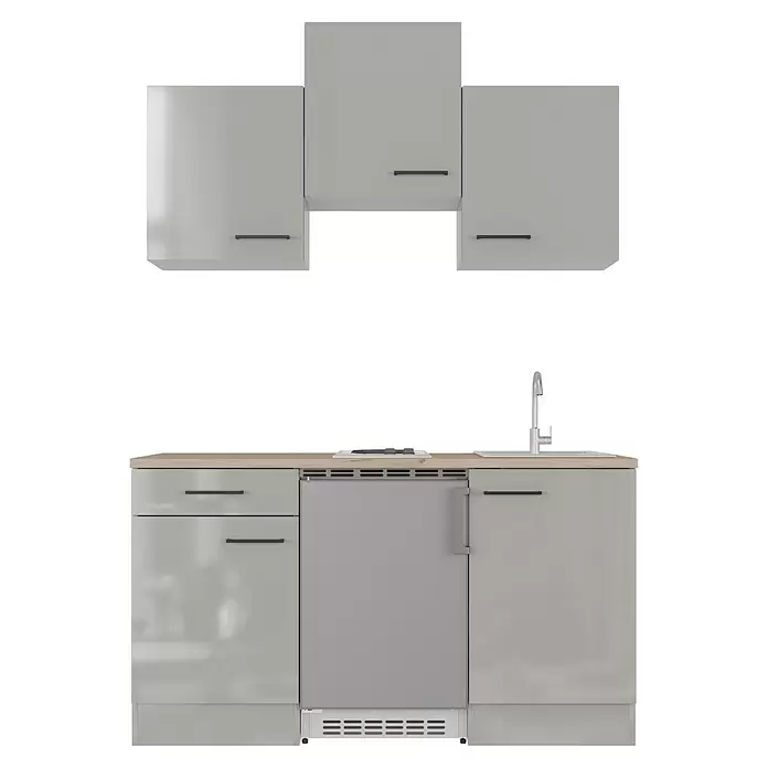 Flex-Well Lund Singleküche Typ 1 - Breite: 150 cm, Lichtgrau, Mit Elektrogeräten - Hellgraue Kompaktküche mit Holztheke, Spüle, Kochfeld, Kühlschrank und Oberschränken.