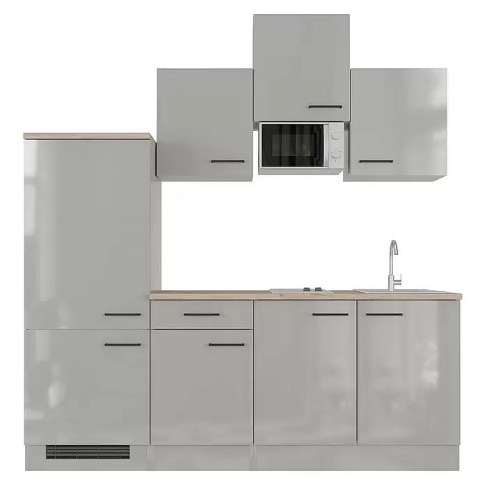 Flex-Well Lund Singleküche mit Mikrowelle - Breite: 210 cm, Lichtgrau, Mit Elektrogeräten - Moderne hellgraue Küche mit Holzplatte, integrierter Mikrowelle, Kochfeld, Spüle und hohem Kühlschrankfach.