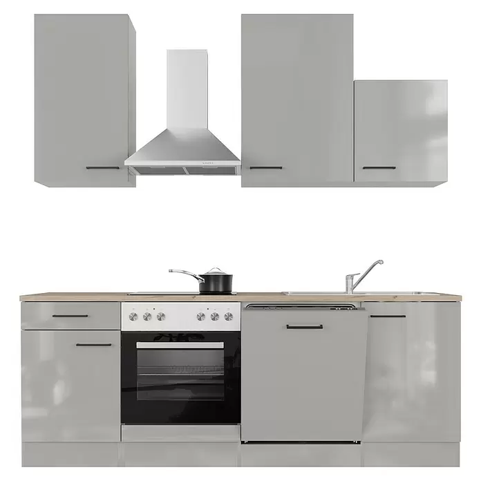 Flex-Well Lund Küchenzeile - Breite: 220 cm, Höhe: 234 cm, Lichtgrau, Mit Elektrogeräten - Moderne modulare Küchenzeile mit hellgrauen Schränken, Holzplatte, Edelstahlelementen, integriertem Backofen, Spüle und Geschirrspüler.