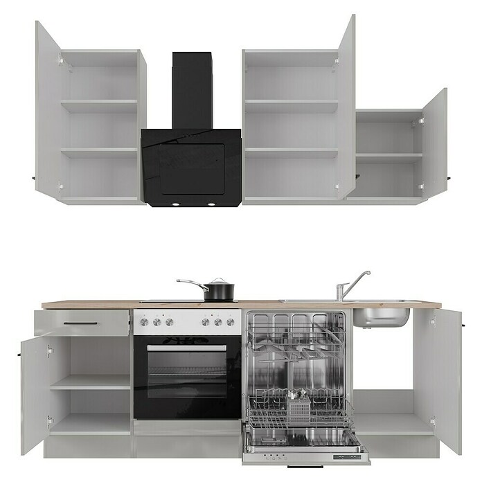 Flex-Well Lund Küchenzeile Typ 2 (Breite: 220 cm, Höhe: 234 cm, Lichtgrau, Mit Elektrogeräten, Edelstahlspüle) | BAUHAUS