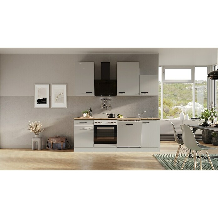Flex-Well Lund Küchenzeile Typ 2 (Breite: 220 cm, Höhe: 234 cm, Lichtgrau, Mit Elektrogeräten, Edelstahlspüle) | BAUHAUS
