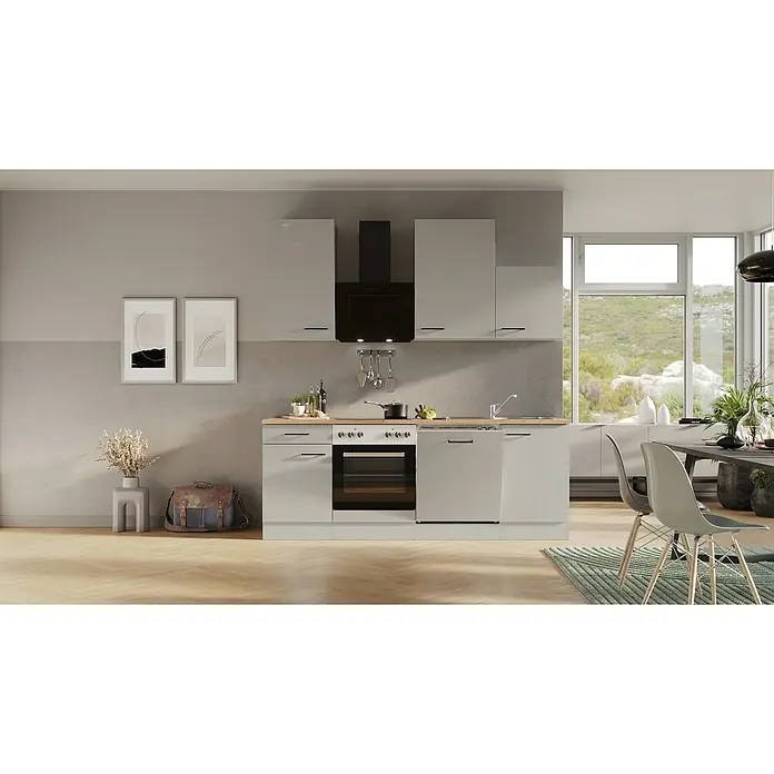 Flex-Well Lund Singleküche Typ 1 - Breite: 150 cm, Lichtgrau, Mit Elektrogeräten - Helle Küchenzeile mit modernen Geräten und viel Stauraum, ideal für stilvolles Kochen und Aufbewahren. Praktisch und ästhetisch gestaltet.