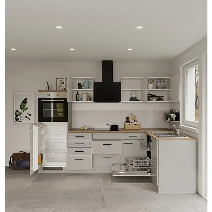 Flex-Well Lund Winkelküche - L x B: 170 x 280 cm, Lichtgrau, Mit Elektrogeräten, Edelstahlspüle - Helle Küche mit modernen Geräten: Kühlschrank, Ofen, Spüle, Geschirrspüler und Dunstabzugshaube. Die Küche verfügt über viel Stauraum und Arbeitsfläche.
