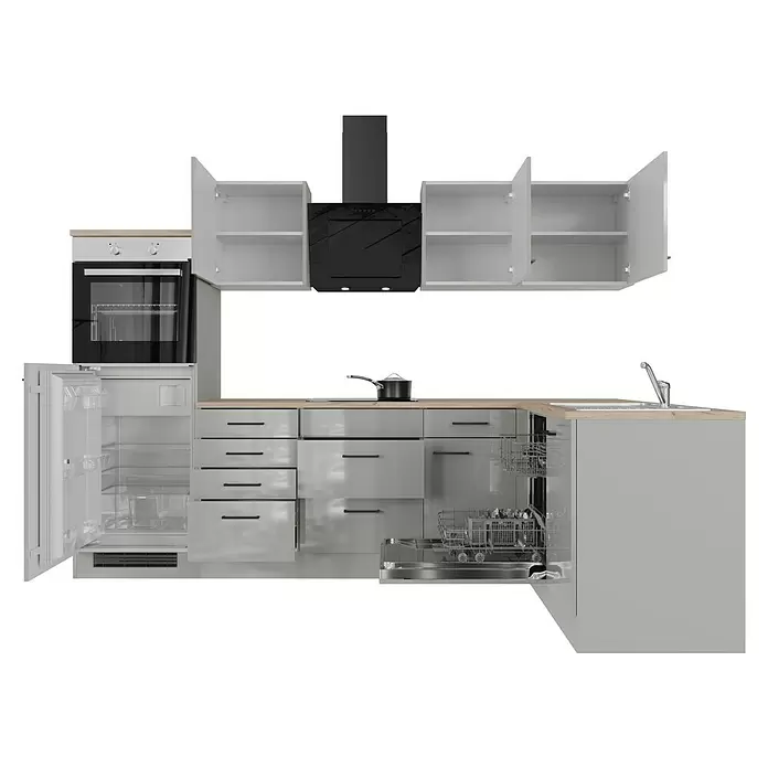 Flex-Well Lund Winkelküche - L x B: 170 x 280 cm, Lichtgrau, Mit Elektrogeräten, Edelstahlspüle - Moderne hellgraue Küche mit Holzplatte, Backofen, offenem Kühlschrank, Geschirrspüler, schwarzem Kochfeld und Dunstabzugshaube. Einige Schränke sind offen.