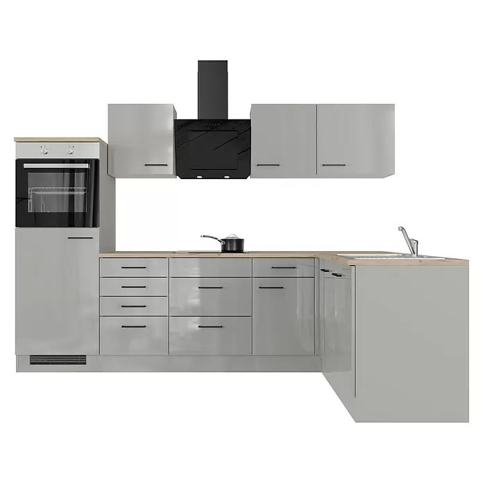 Flex-Well Lund Winkelküche - L x B: 170 x 280 cm, Lichtgrau, Mit Elektrogeräten, Edelstahlspüle - Moderne L-förmige Küche mit hellgrauen Hochglanzfronten, Holztheke, integriertem schwarzem Backofen, Kochfeld, Dunstabzugshaube und Spüle.