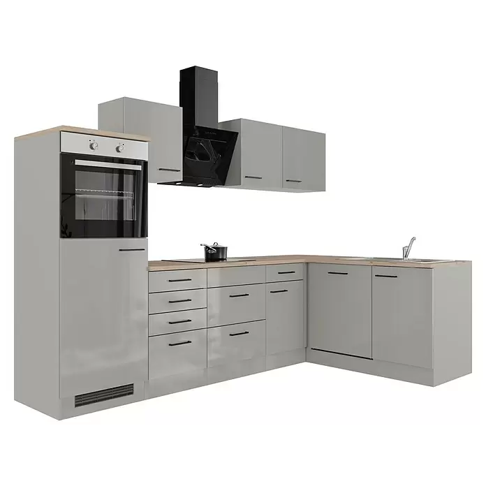 Flex-Well Lund Winkelküche - L x B: 170 x 280 cm, Lichtgrau, Mit Elektrogeräten, Edelstahlspüle - L-förmige moderne Küche mit hellgrauen Hochglanzschränken, heller Holzarbeitsplatte, schwarzem Einbaubackofen, Kochfeld und Dunstabzugshaube. Inklusive Spüle.