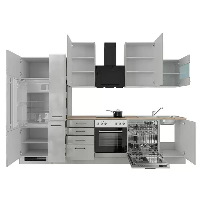 Flex-Well Lund Küchenzeile - Breite: 310 cm, Höhe: 234 cm, Lichtgrau, Mit Elektrogeräten, Edelstahlspüle - Moderne weiß-graue Küchenzeile mit integriertem Kühlschrank, Backofen, Geschirrspüler, schwarzer Dunstabzugshaube und Holzarbeitsplatte; offene Schränke und Schubladen.