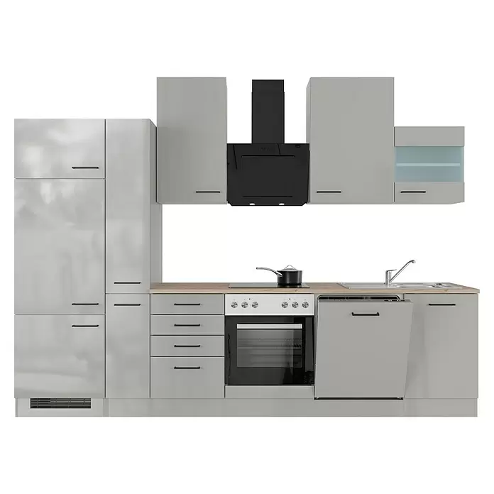 Flex-Well Lund Küchenzeile - Breite: 310 cm, Höhe: 234 cm, Lichtgrau, Mit Elektrogeräten, Edelstahlspüle - Moderne hellgraue Küche mit schwarzen Geräten, Holzplatte und Spüle. Inklusive Kühlschrank, Backofen und Geschirrspüler.