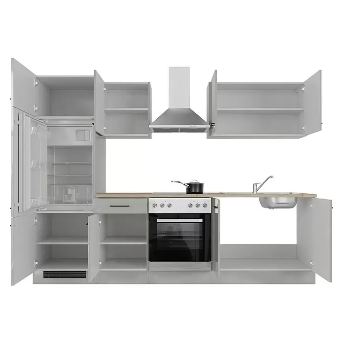 Flex-Well Lund Küchenzeile - Breite: 270 cm, Höhe: 200 cm, Lichtgrau, Mit Elektrogeräten - Modulare hellgraue und weiße Küchenzeile mit Kühlschrank, Backofen, Herd, Dunstabzugshaube, Spüle und Arbeitsplatte aus Holz.