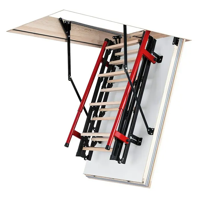 Bodentreppe Polar Plus - 120 x 60 cm, Wärmedämmung: 0,36 W/(m²K) - Dachbodentreppe mit rotem Geländer und schwarzer Klapptreppe. Eine platzsparende und praktische Lösung für den Aufstieg zum Dachboden.
