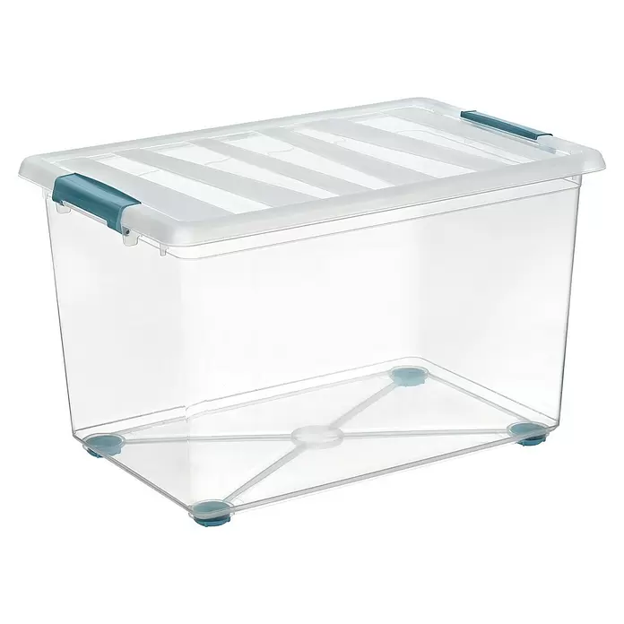 Caja con ruedas Katla - L x An x Al: 39 x 59 x 36,5 cm, 57 l - Caja de almacenamiento de plástico transparente con tapa y cierres/patas azules.
