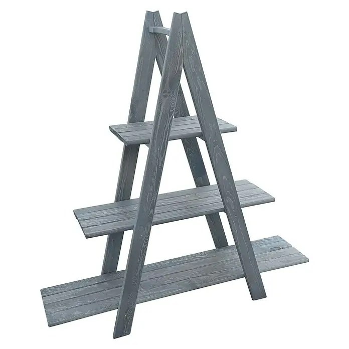 Promadino Dekoleiter Maxi - 31 x 137 x 120 cm, Grau - Graues, dreistufiges Pflanzenregal aus Holz. Ideal für drinnen oder draußen, um Pflanzen dekorativ zu präsentieren.