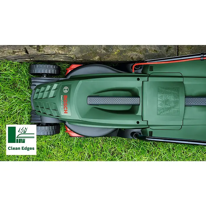 Bosch Universal Elektro-Rasenmäher UniversalRotak 34-405 - 1.300 W, Schnittbreite: 340 mm - Draufsicht auf einen grünen Bosch EasyRotak 32 Rasenmäher auf Gras, der durch sein Design saubere Kanten schneidet.