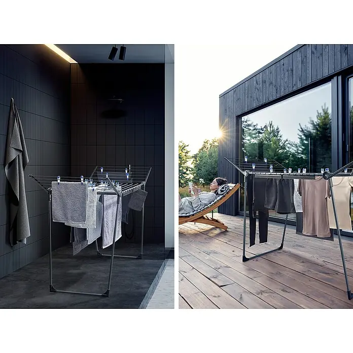 Leifheit Flügel-Wäscheständer Pegasus 180 Solid Black - Länge Wäscheleine: 18 m, Schwarz, B x T x H: 157 x 66 x 87 cm - Ein Wäscheständer mit hängender Wäsche wird drinnen und draußen gezeigt, für Flexibilität beim Trocknen Ihrer Kleidung.