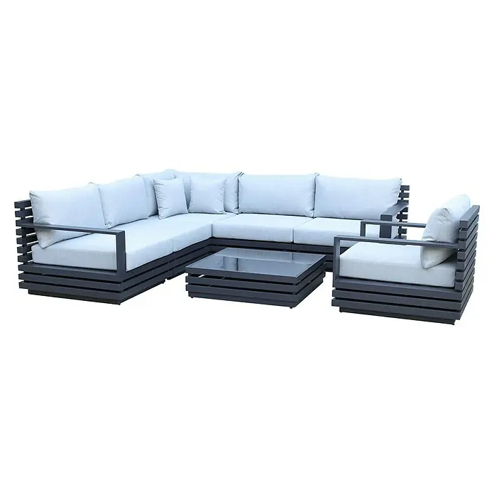 Sunfun Conjunto de muebles Bea - 7 pzs., Aluminio, Antracita - Lujoso conjunto de muebles de exterior gris con sofá seccional, sillón y mesa de centro. Perfecto para relajarse al aire libre.