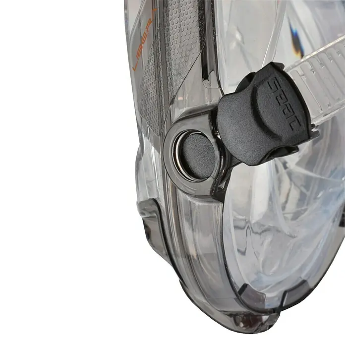 Seac Sub Máscara de Snorkel Libera - L/XL, Plástico, Negro/lima - Primer plano de una máscara de buceo SEAC gris con correa ajustable. Ideal para aventuras submarinas y visibilidad clara bajo el agua.