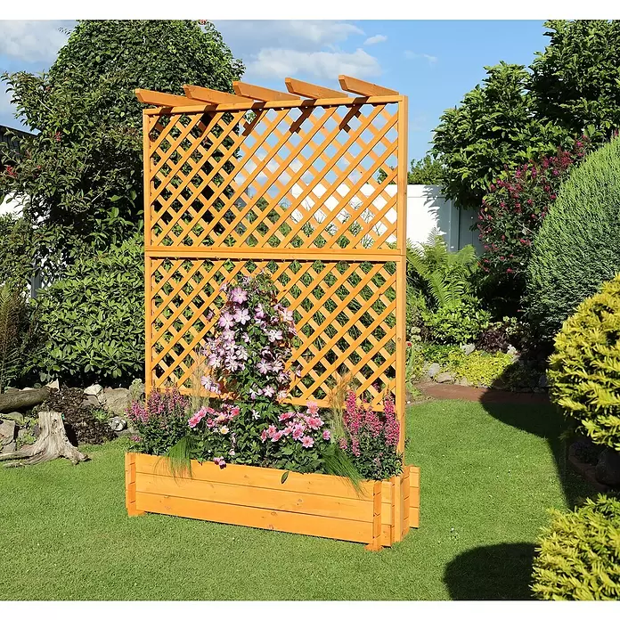 Promadino Pflanzkasten mit Pergola - Außenmaß (L x B x H): 200 x 64,5 x 140 cm, Holz, Honigbraun - Hölzerner Pflanzkasten mit Spalier, Naturholzoptik, für Kletterpflanzen im Garten.