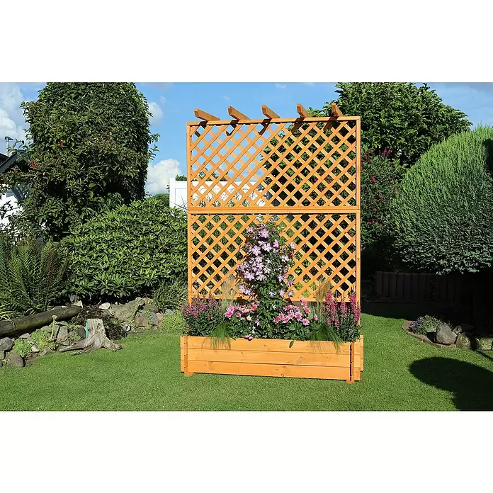 Promadino Pflanzkasten mit Pergola - Außenmaß (L x B x H): 200 x 64,5 x 140 cm, Holz, Honigbraun - Helles Holzspalier mit integriertem Pflanzkasten voller bunter Blumen im grünen Garten.