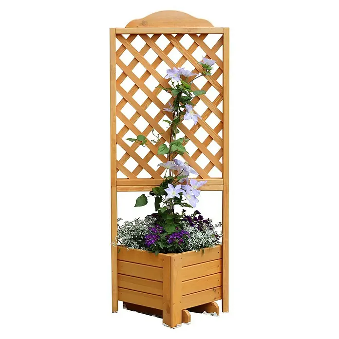 Promadino Pflanzkasten Romantica - Außenmaß (L x B x H): 140 x 38 x 38 cm, Holz, Honigbraun - Eine hölzerne Pflanzkasten-Gitter-Kombination mit blühenden Blumen, die eine schöne vertikale Gartengestaltung bietet.