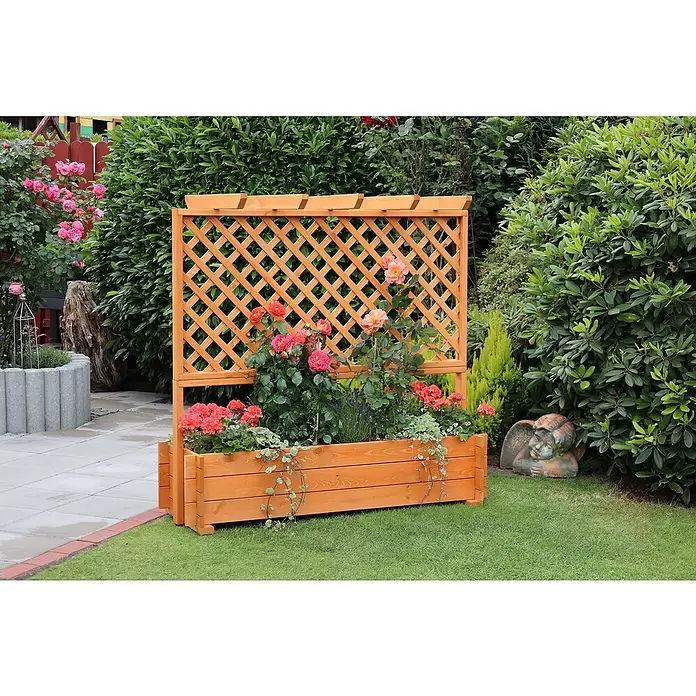 Promadino Pflanzkasten mit Pergola - Außenmaß (L x B x H): 140 x 64,5 x 140 cm, Holz, Honigbraun - Hölzerner Pflanzkasten mit Rankgitter, bepflanzt mit bunten Blumen und Kletterrosen im Garten.