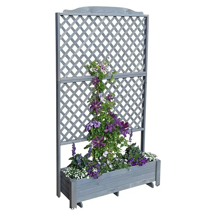 Promadino Pflanzkasten Romantica - Außenmaß (L x B x H): 210 x 38 x 120 cm, Holz, Grau - Eine graue Pflanzenwand mit Spalier und blühenden Kletterpflanzen sowie bunten Blumen in einem rechteckigen Blumenkasten.
