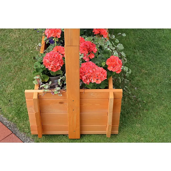 Promadino Pflanzkasten mit Pergola - Außenmaß (L x B x H): 140 x 64,5 x 140 cm, Holz, Honigbraun - Nahaufnahme eines Holzpflanzkastens mit üppigen roten Geranien, der einen Hauch von Farbe und natürlicher Schönheit bietet.