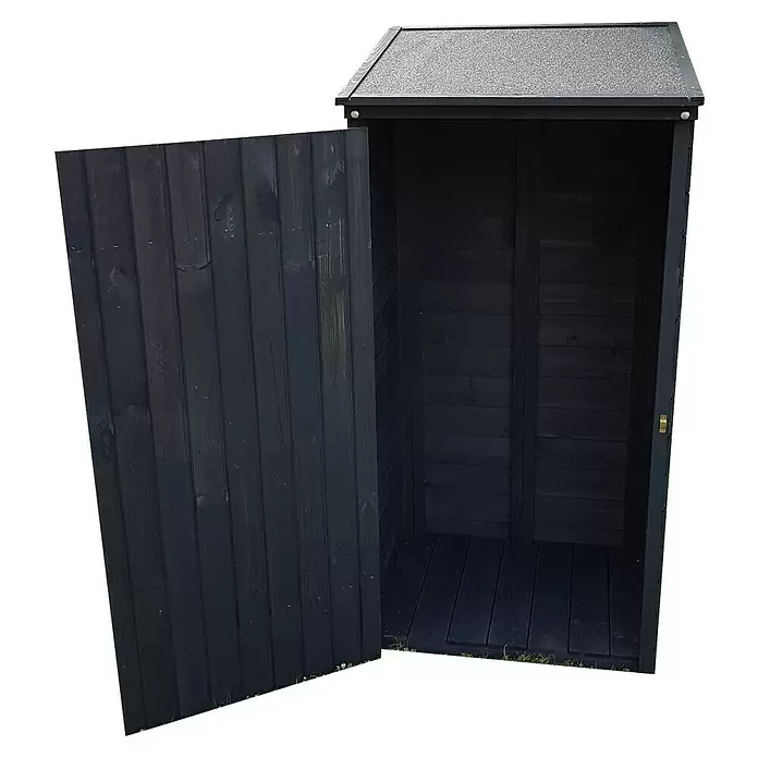 Promadino Geräteschrank Speyer - Holz, Anthrazit - Dunkler Holzgartenhaus mit offener Tür und grauem Dach.