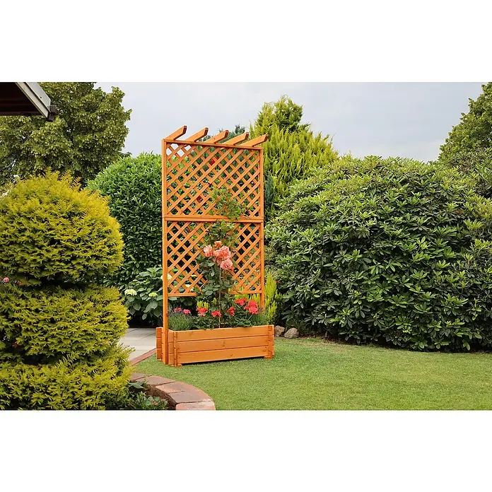Promadino Pflanzkasten mit Pergola - Außenmaß (L x B x H): 200 x 64,5 x 102 cm, Holz, Honigbraun - Nahaufnahme einer Holzpflanzkasten- und Spalierkombination mit Rosen und anderen Blumen in einem üppigen Garten.
