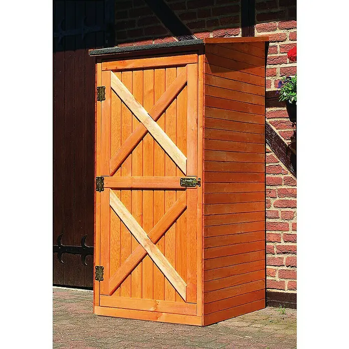 Promadino Geräteschrank Pforzheim - Holz, Honigbraun - Holzschrank mit Tür im Scheunenstil und Beschlägen im Freien für Gartengeräte und Aufbewahrung.