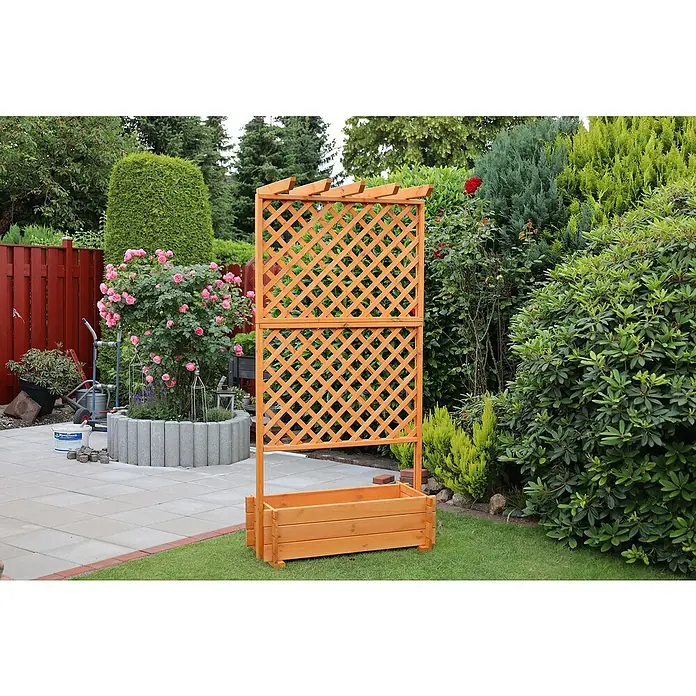 Promadino Pflanzkasten mit Pergola - Außenmaß (L x B x H): 200 x 64,5 x 102 cm, Holz, Honigbraun - Ein hölzernes Pflanzgefäß mit Rankgitter im Garten. Perfekt für Kletterpflanzen und eine attraktive Gartendekoration.