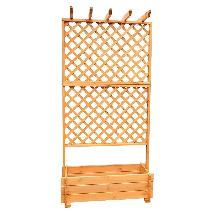 Promadino Pflanzkasten mit Pergola - Außenmaß (L x B x H): 200 x 64,5 x 102 cm, Holz, Honigbraun - Eine hölzerne Pflanzkasten-Rankhilfe mit einem Gittermuster, das eine rustikale und natürliche Note bietet. Ideal für Kletterpflanzen und Gartenliebhaber.